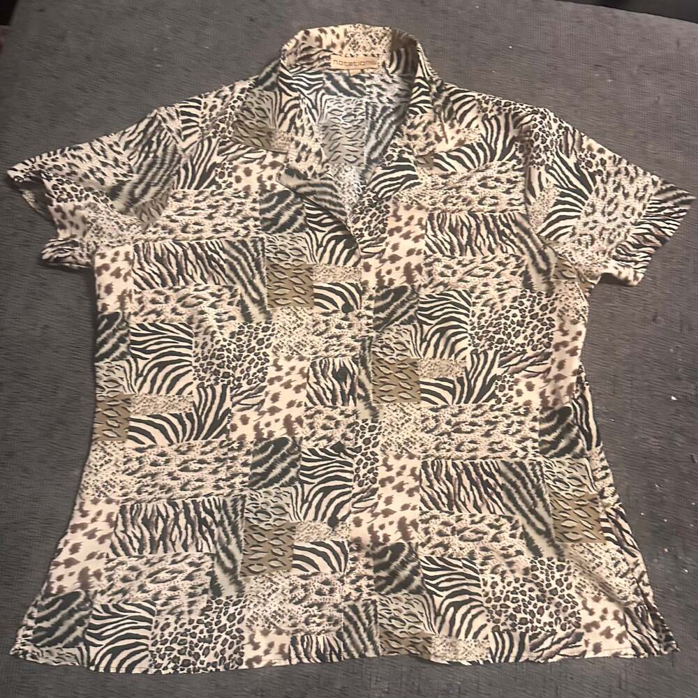Notations Patchwork Animal Print Short Sleeve Button Up Shirt